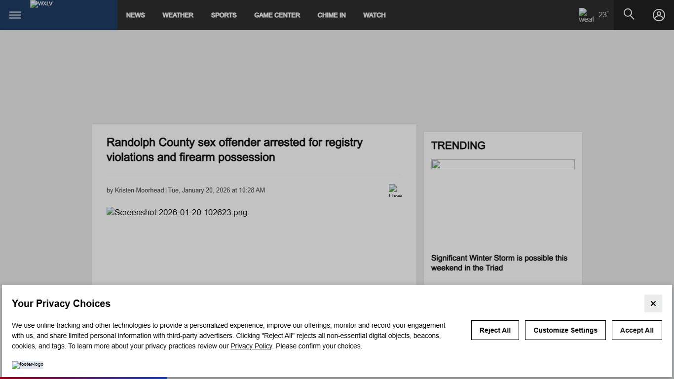 Randolph County sex offender arrested for registry violations and firearm possession